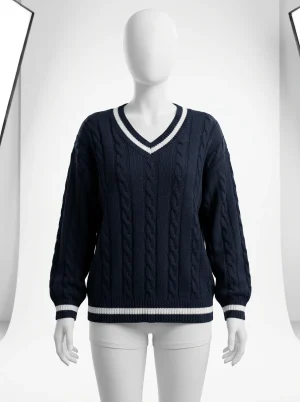 Pull torsadé acrylique col v moderne femme - Vue 1 - Pull torsadé