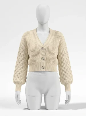 Pull torsadé acrylique court boutonné élégant femme - Vue 1 - Pull torsadé