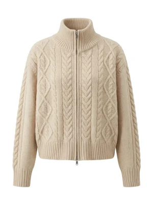 Pull torsadé cachemire femme col montant zippé ample - Vue 1 - Pull torsadé