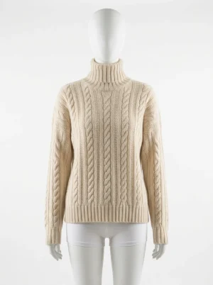 Pull torsadé cachemire pur col roulé épais luxe femme - Vue 1 - Pull torsadé