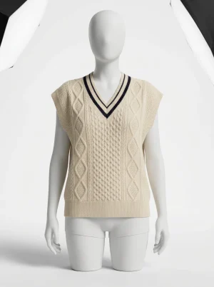 Pull torsadé cachemire sans manche col v vintage femme - Vue 1 - Pull torsadé