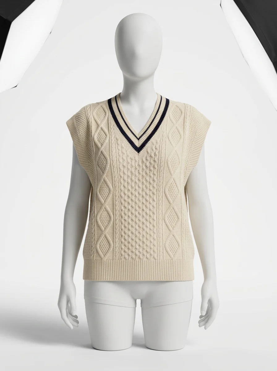 Pull torsadé cachemire sans manche col v vintage femme - Vue 1 - Pull torsadé