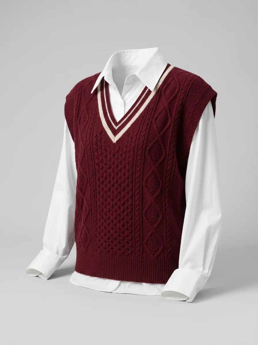 Pull torsadé cachemire sans manche col v vintage femme - Vue 11 - Pull torsadé