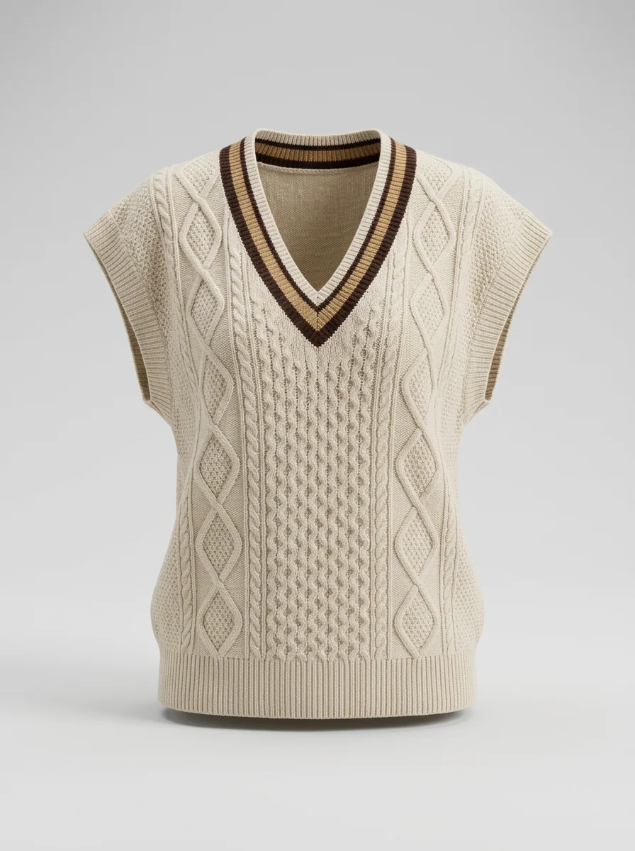 Pull torsadé cachemire sans manche col v vintage femme - Vue 12 - Pull torsadé