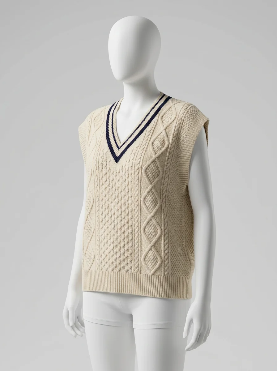 Pull torsadé cachemire sans manche col v vintage femme - Vue 2 - Pull torsadé