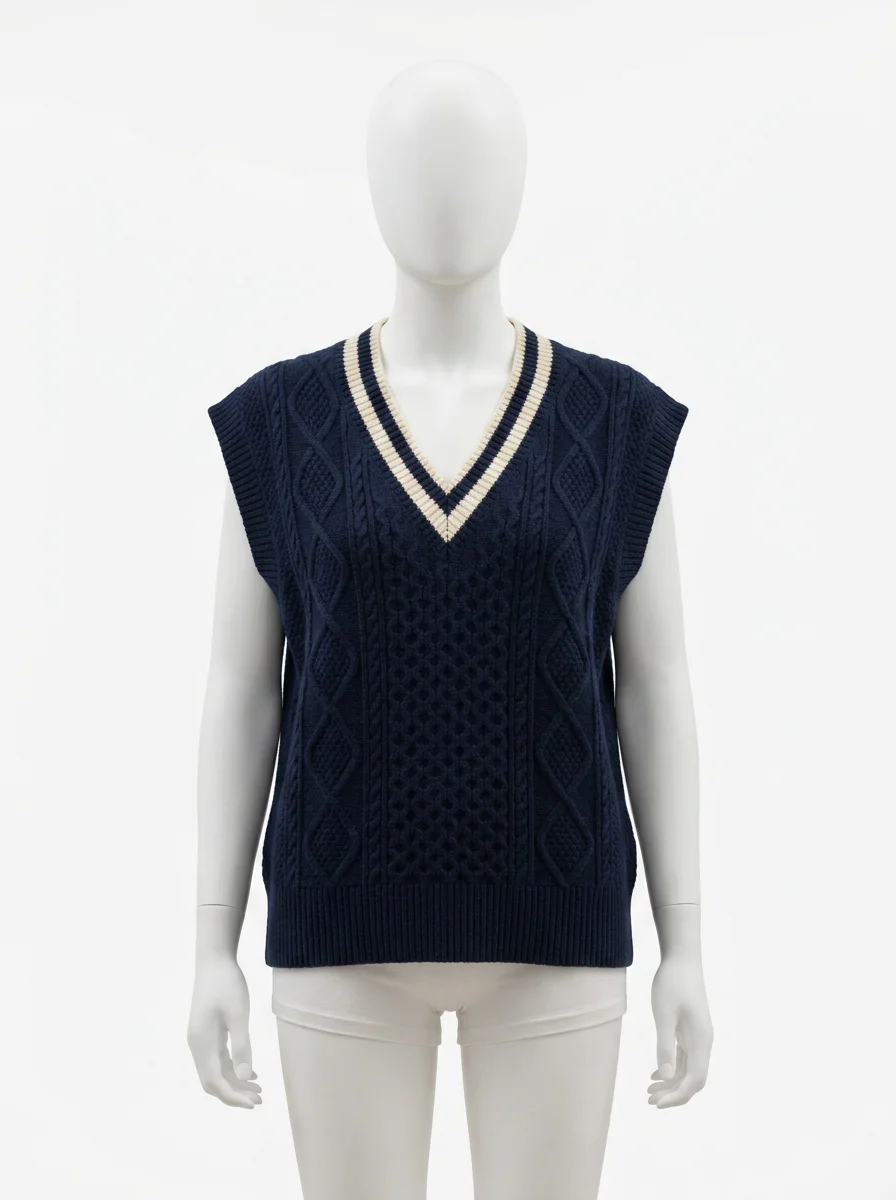 Pull torsadé cachemire sans manche col v vintage femme - Vue 4 - Pull torsadé