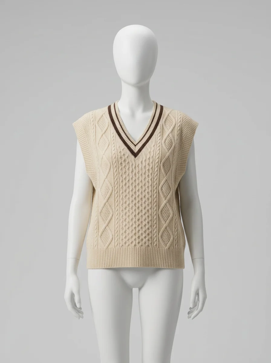 Pull torsadé cachemire sans manche col v vintage femme - Vue 5 - Pull torsadé
