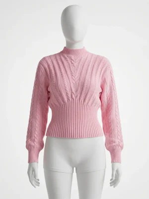 Pull torsadé col montant manches lanternes ajusté femme - Vue 1 - Pull torsadé