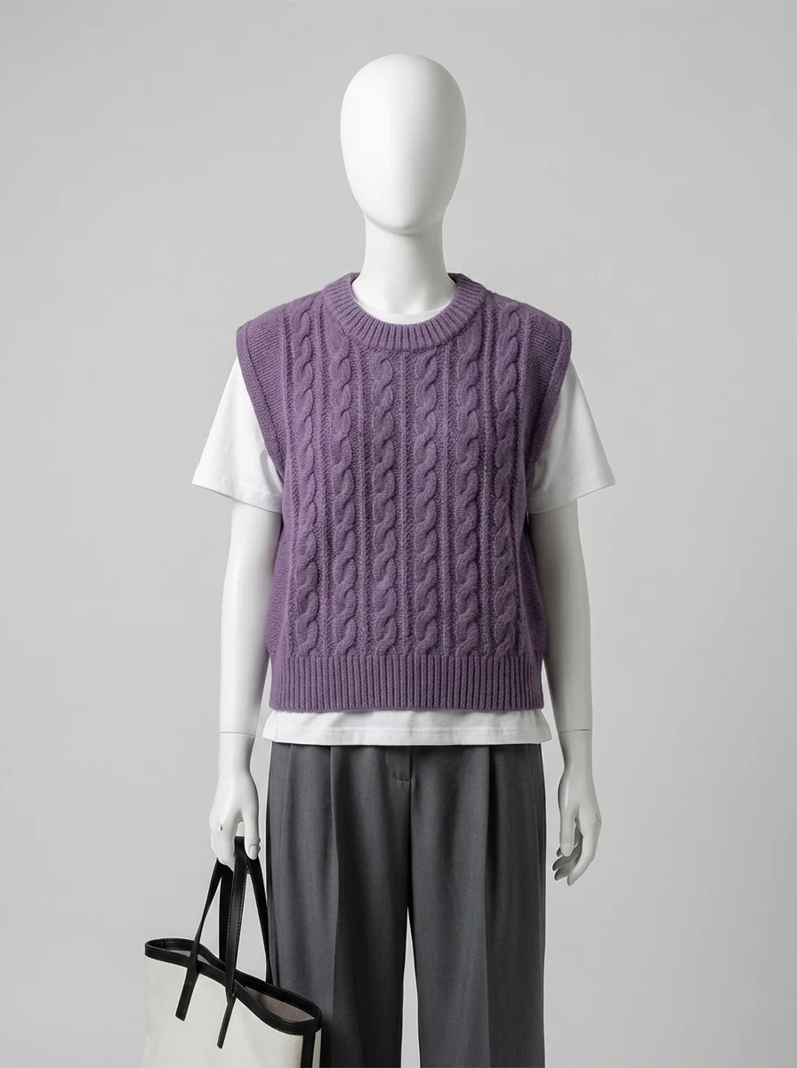 Pull torsadé coton sans manche femme vintage chic - Vue 10 - Pull torsadé