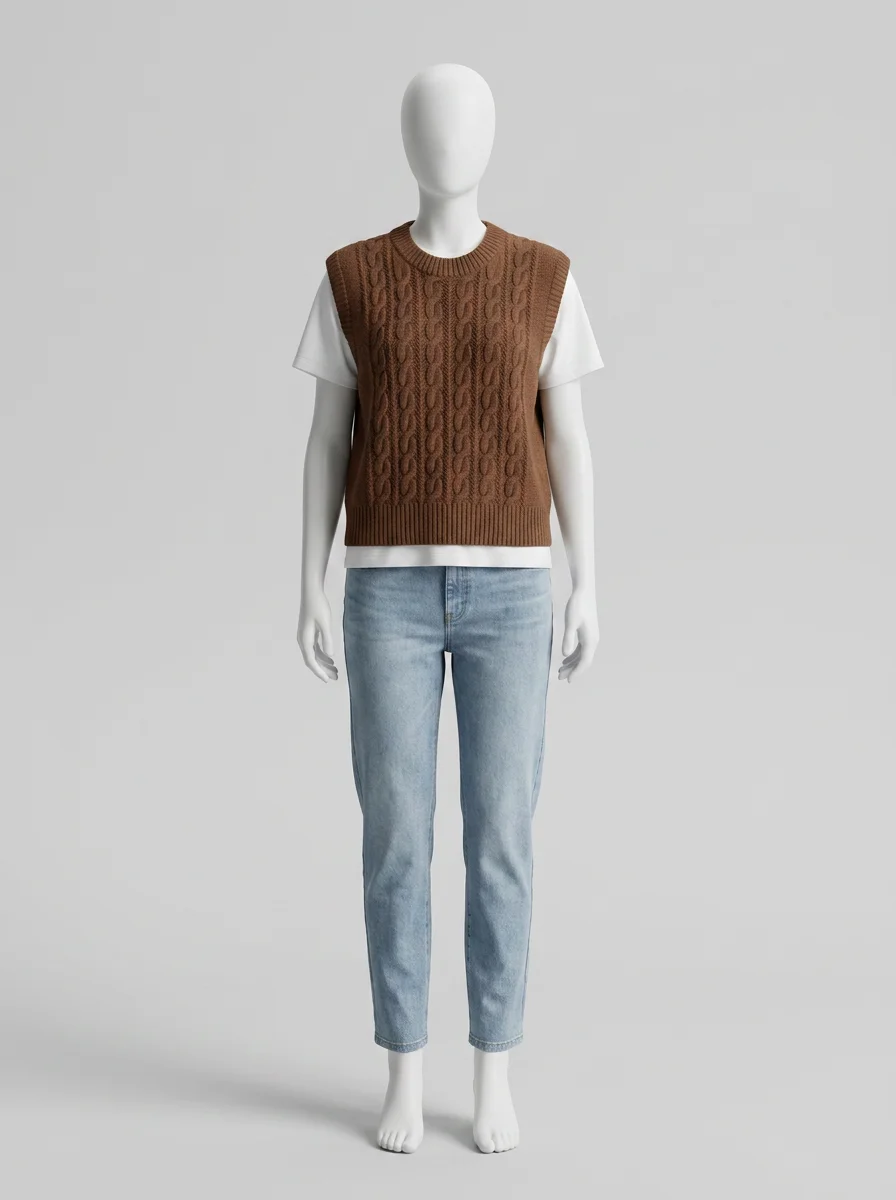 Pull torsadé coton sans manche femme vintage chic - Vue 5 - Pull torsadé