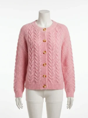 Pull torsadé laine col rond boutonné décontracté femme - Vue 1 - Pull torsadé