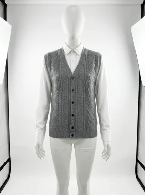 Pull torsadé laine mérinos sans manche boutonné vintage - Vue 1 - Pull torsadé