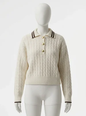 Pull torsadé laine pure col polo élégant femme - Vue 1 - Pull torsadé