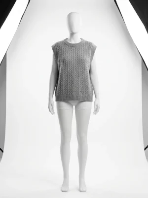 Pull torsadé laine sans manche col rond ample femme - Vue 1 - Pull torsadé