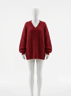 Pull torsadé mailles épaisses col v oversize femme - Vue 1 - Pull torsadé