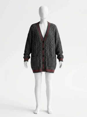 Pull torsadé oversize col v style collège femme décontracté - Vue 1 - Pull torsadé