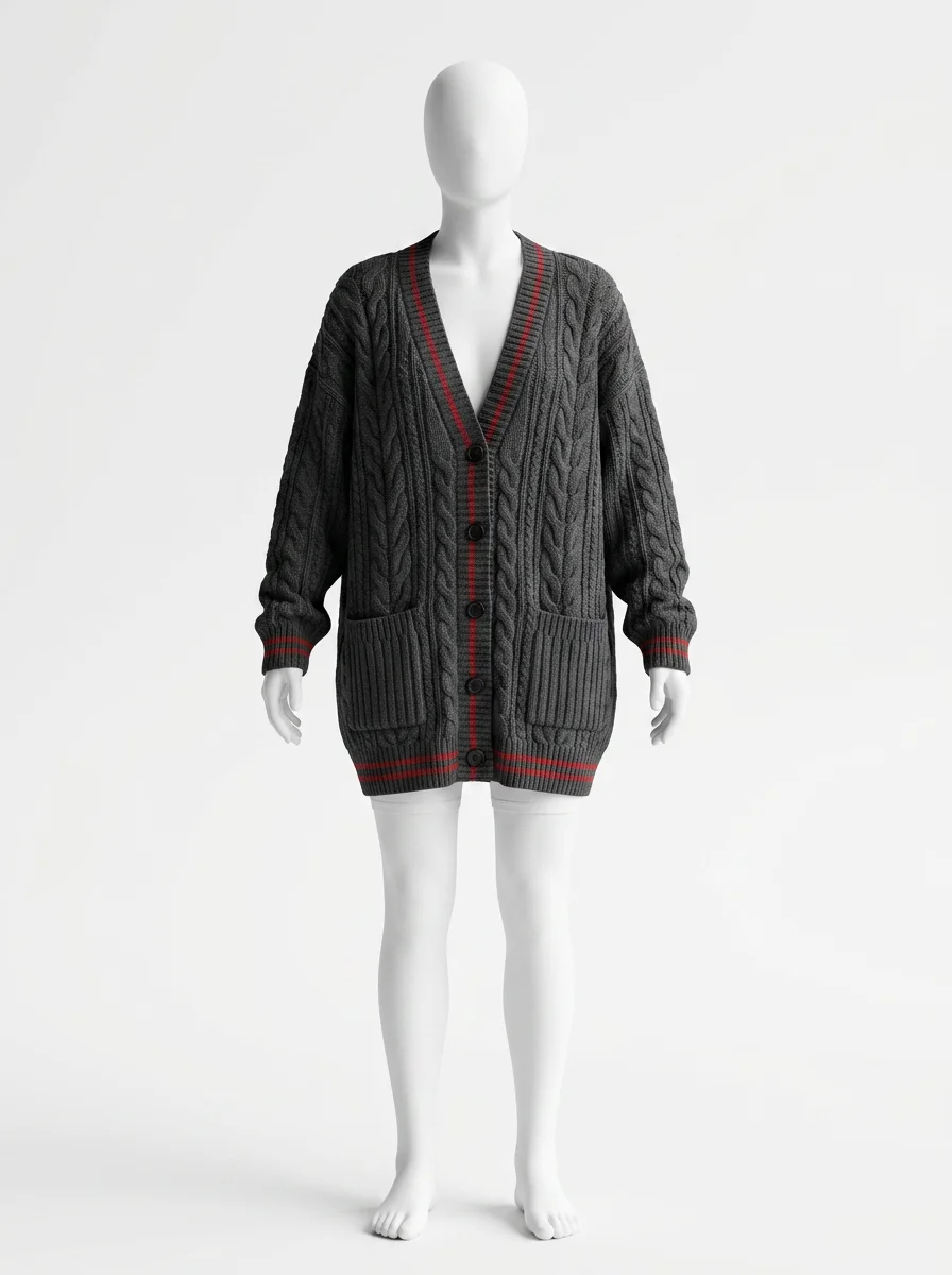 Pull torsadé oversize col v style collège femme décontracté - Vue 1 - Pull torsadé