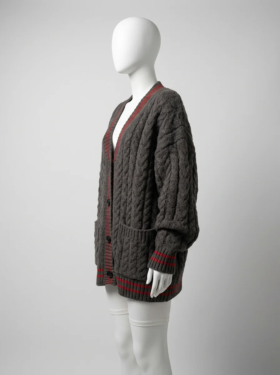 Pull torsadé oversize col v style collège femme décontracté - Vue 2 - Pull torsadé