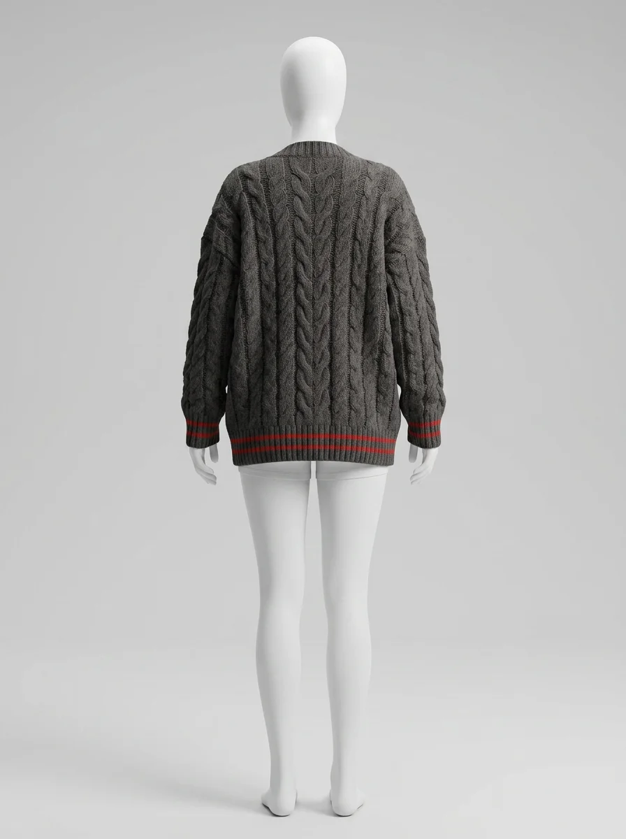 Pull torsadé oversize col v style collège femme décontracté - Vue 3 - Pull torsadé