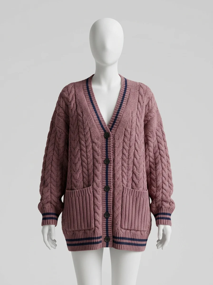 Pull torsadé oversize col v style collège femme décontracté - Vue 5 - Pull torsadé