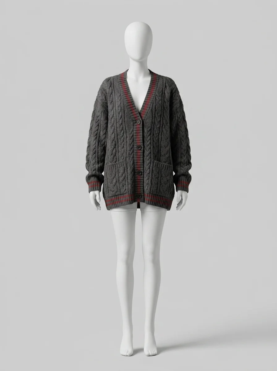 Pull torsadé oversize col v style collège femme décontracté - Vue 8 - Pull torsadé