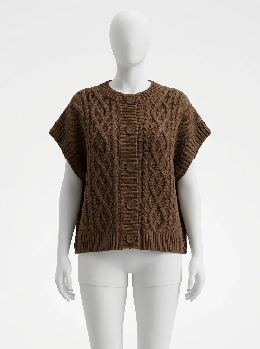 Pull torsadé sans manche boutonné vintage quotidien femme - Vue 1 - Pull torsadé