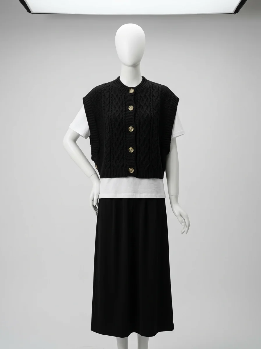 Pull torsadé sans manche boutonné vintage quotidien femme - Vue 10 - Pull torsadé