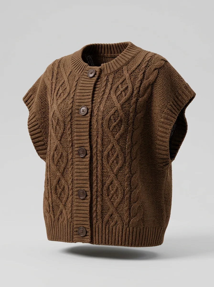 Pull torsadé sans manche boutonné vintage quotidien femme - Vue 11 - Pull torsadé