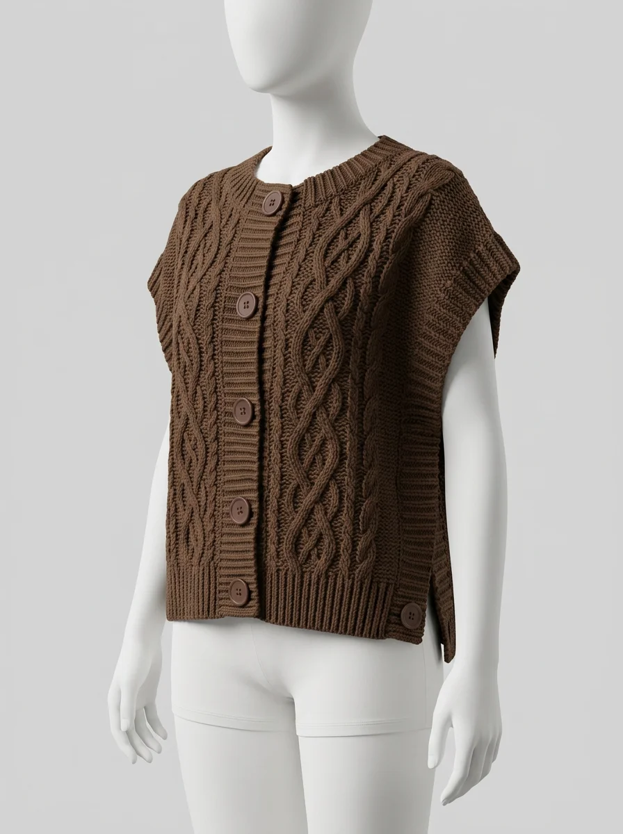 Pull torsadé sans manche boutonné vintage quotidien femme - Vue 2 - Pull torsadé