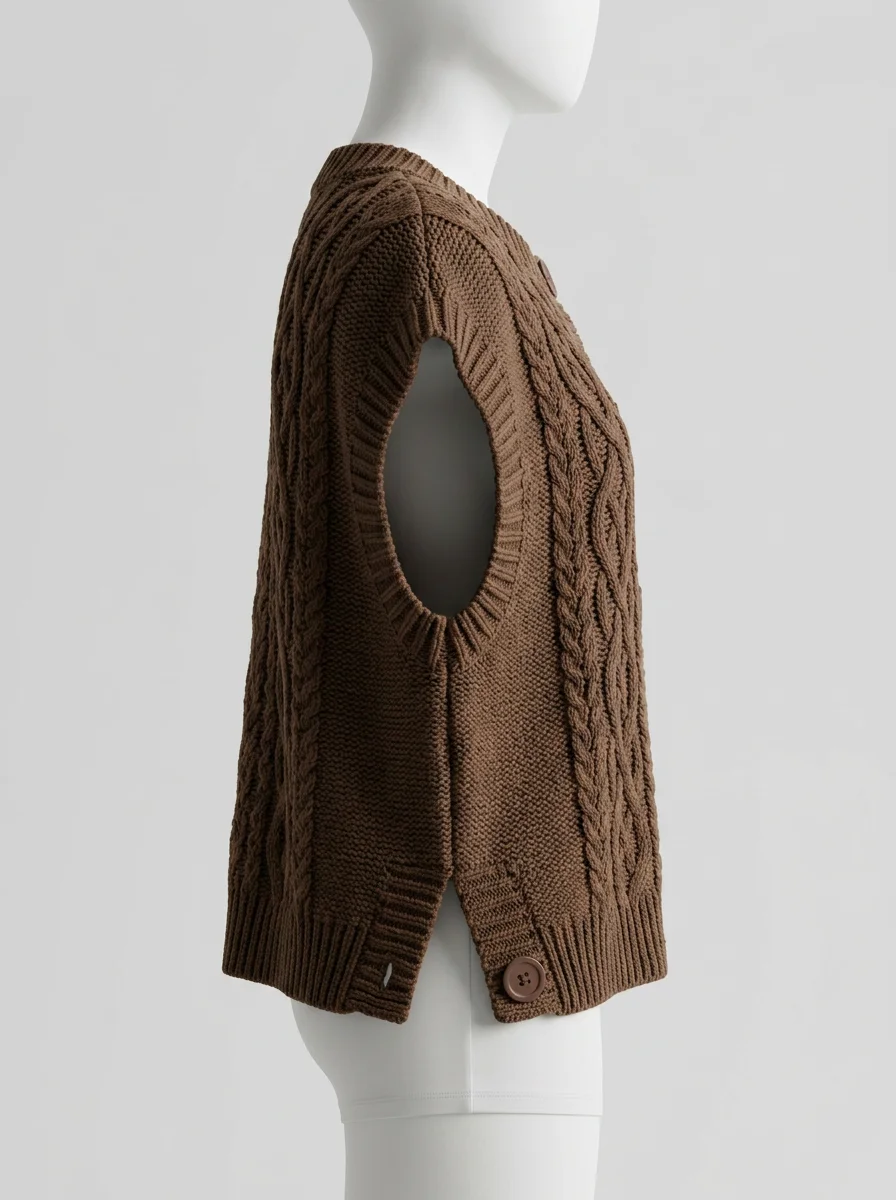 Pull torsadé sans manche boutonné vintage quotidien femme - Vue 3 - Pull torsadé