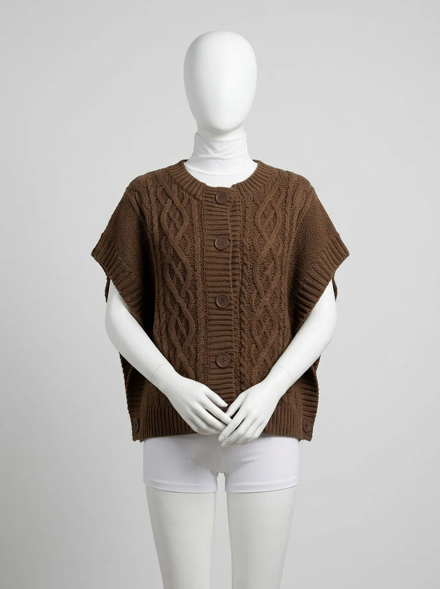 Pull torsadé sans manche boutonné vintage quotidien femme - Vue 6 - Pull torsadé