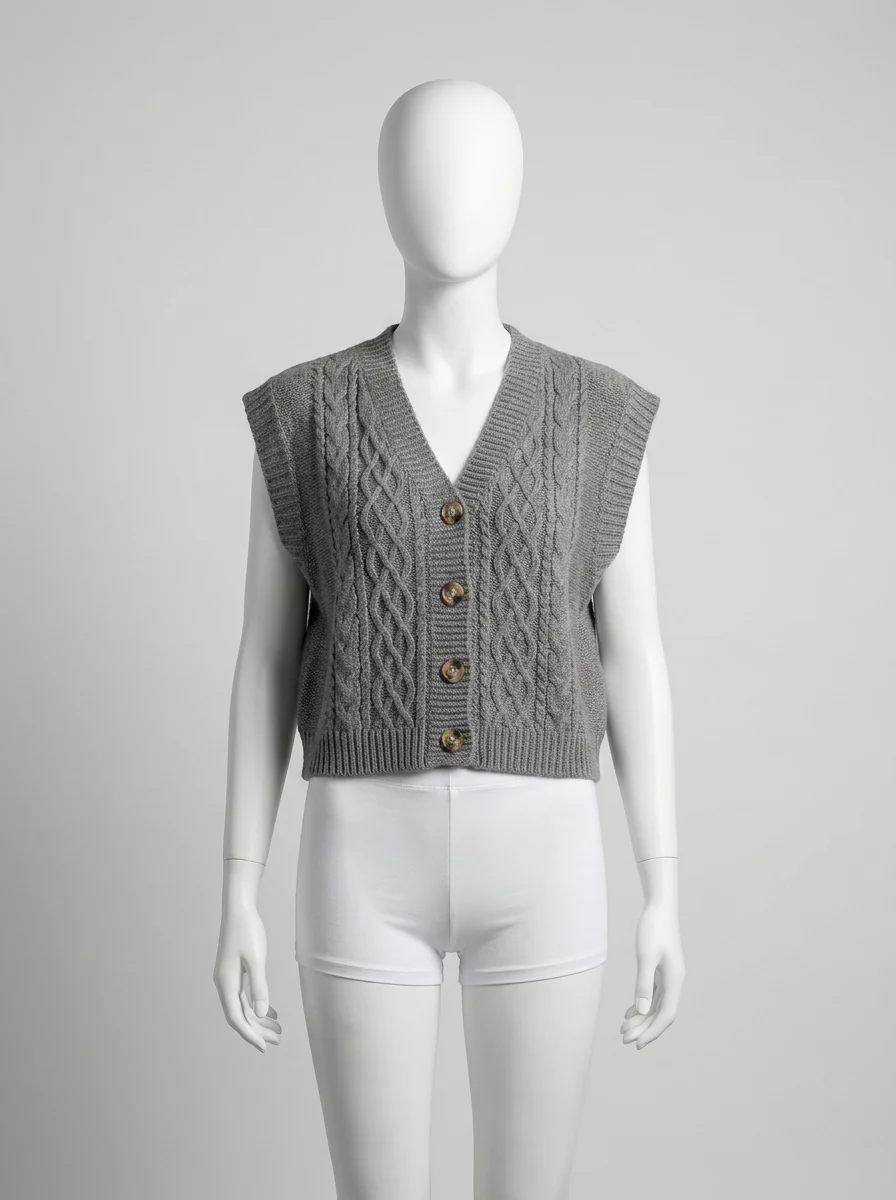 Pull torsadé sans manche boutonné vintage quotidien femme - Vue 7 - Pull torsadé
