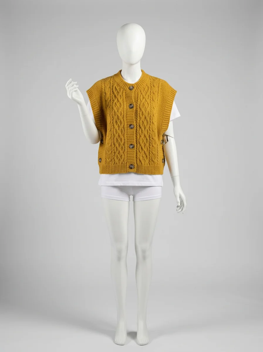 Pull torsadé sans manche boutonné vintage quotidien femme - Vue 8 - Pull torsadé