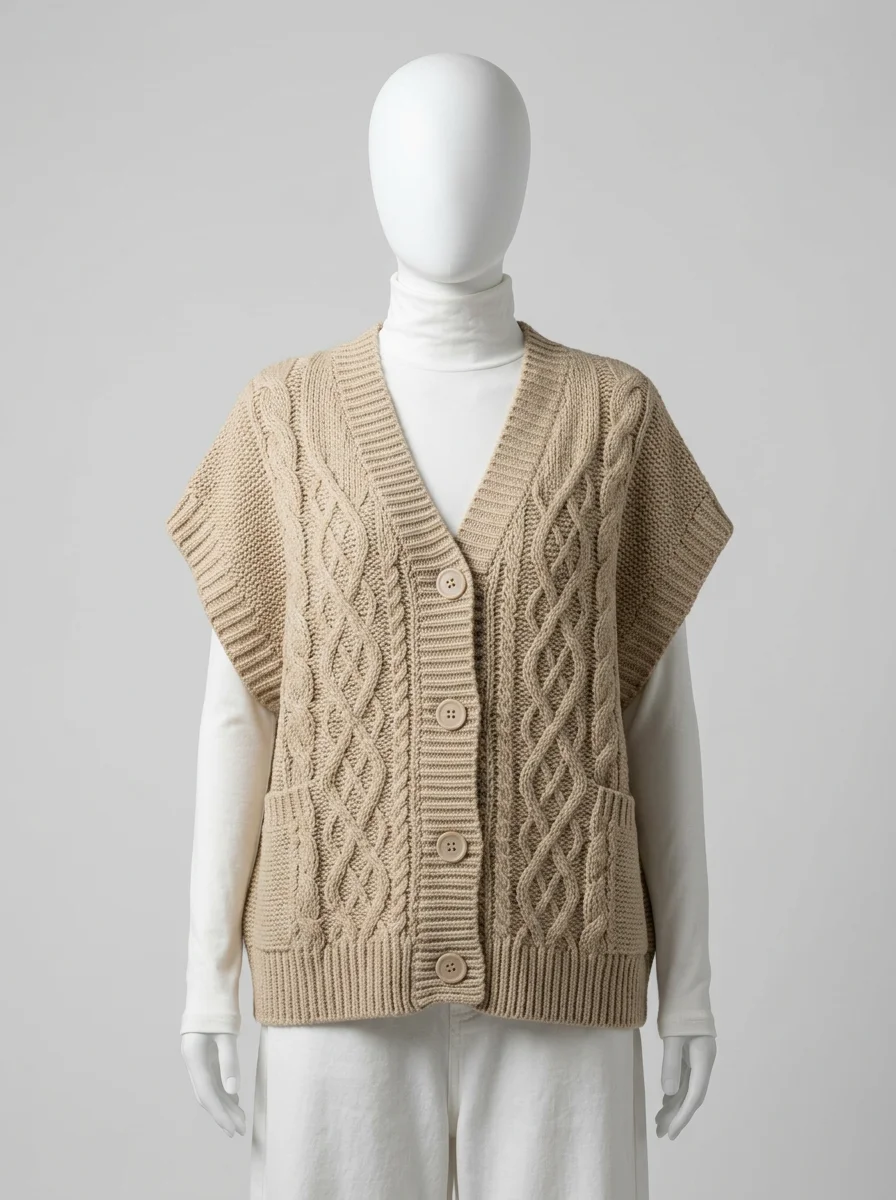 Pull torsadé sans manche boutonné vintage quotidien femme - Vue 9 - Pull torsadé