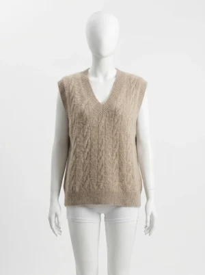 Pull torsadé sans manche col v ample décontracté femme - Vue 1 - Pull torsadé